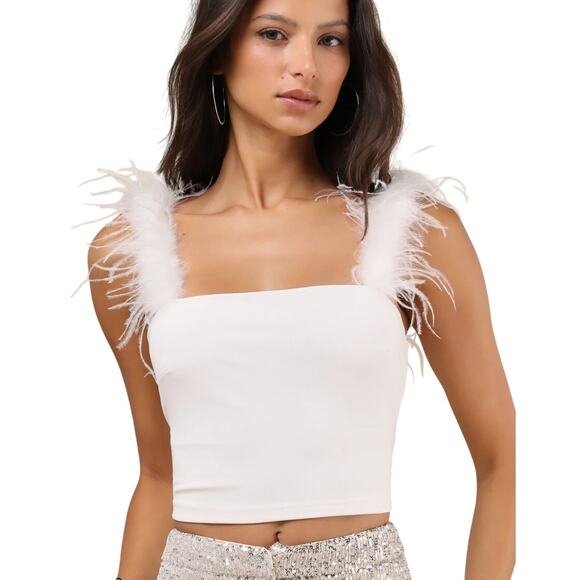 Lulus Fabulous Attraction White Feather Cropped Tank Top size Small NWT - Picture 1 of 6